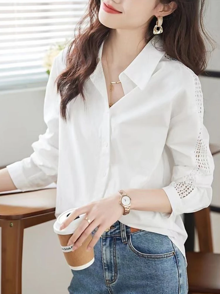 Women'S Y2K Fashion Aesthetic - Bianco femminile top pendolarismo risvolto camicia