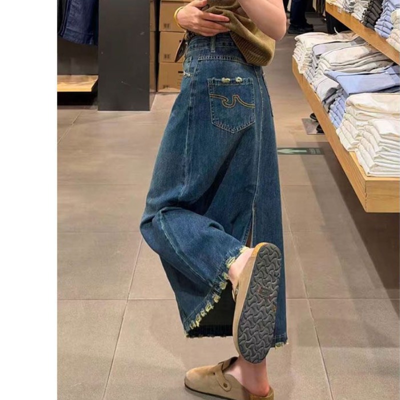 A-Line Skirt Midi - Gonna in denim ricamata con orlo