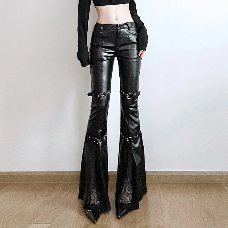 Women'S Y2K Fashion Aesthetic - Pantaloni svasati in pelle PU da